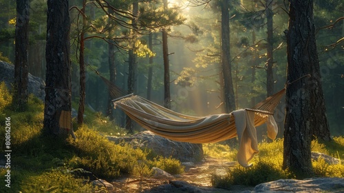 forest hammock retreat, a peaceful hammock gently sways between tall trees in a serene forest, offering a tranquil oasis for meditation and relaxation, wrapped in natures embrace
