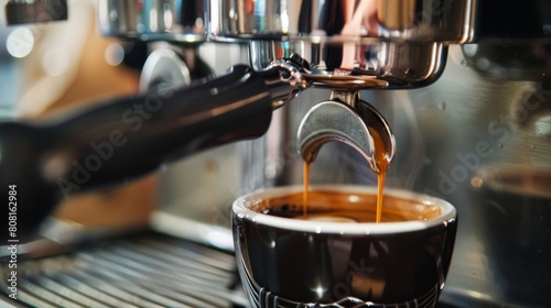 Espresso being brewed into a cup from a coffee machine, capturing the essence of a fresh brew. Created with Generative AI