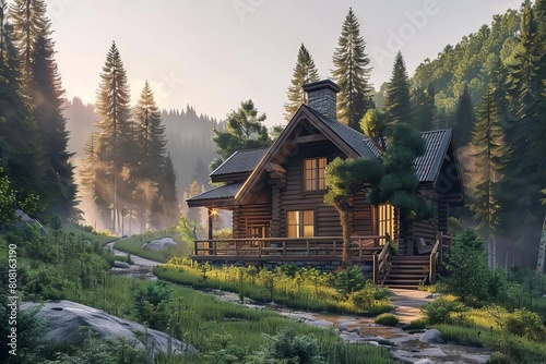 cozy rustic house nestled in a serene forest landscape architectural 3d rendering