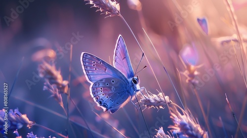 Blue butterfly on tall fluffy violet grass in nature with soft atmospheric lighting close up macro.