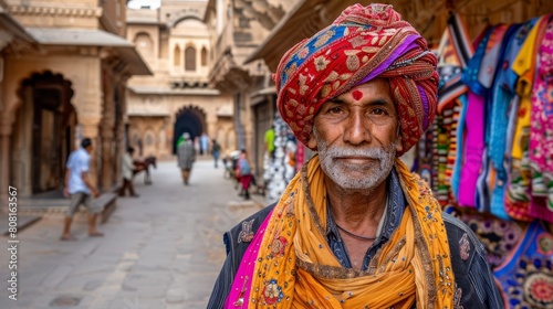 A man in a red turban and yellow scarf stands before a city street store