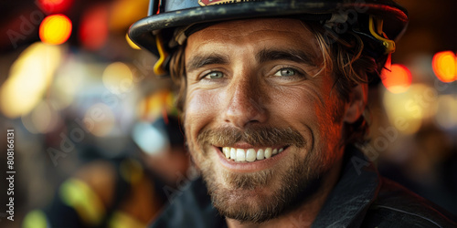 Confident firefighter smiling, his expression a mix of friendliness and professionalism at dusk.
