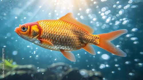  A golden fishswimming near, blue aquarium water; sunlit bubbles gleam