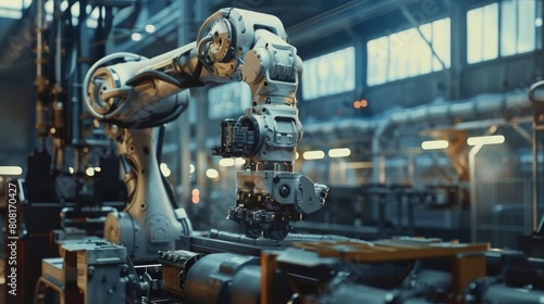A robotic arm is welding a car part in an automotive factory. The factory is large and brightly lit, with many other robots and machines working on other car parts.