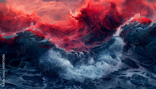 An intense and vivid scene of scarlet and navy waves clashing, evoking the dramatic tension of a stormy ocean.