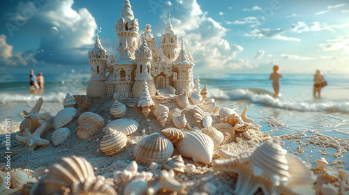 Sandcastle with seashell details, beachgoers walking along shoreline background.