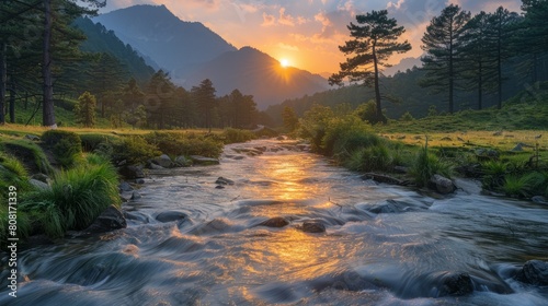 mountain river sunrise, the serene rivers distant flow complements the stunning mountain sunrise, creating a soothing and picturesque morning scene