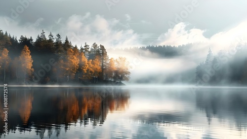 Norwegian forest lake with misty clouds mirrored in serene waters. Concept Nature Photography, Misty Landscapes, Serene Waters, Norwegian Forest Lake, Cloud Reflections