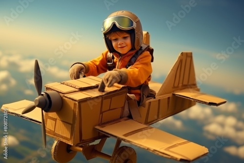 Young child soars with handmade cardboard airplane, aspiring to pilot dreams in the sky