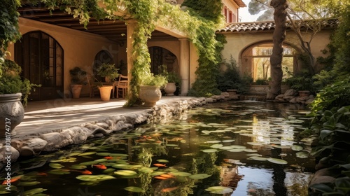 Private Roman villa's garden tranquil with a koi pond