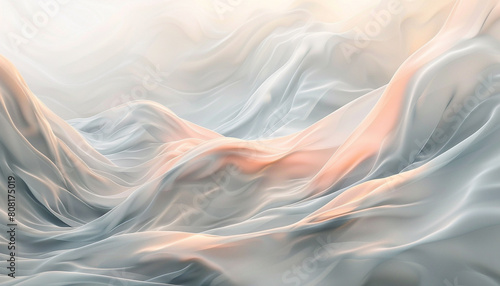 A tranquil and soothing interaction of pale gray and soft peach waves, flowing together in a gentle and calming manner that evokes the serenity of a quiet morning.