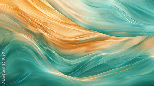 A tranquil merging of soft teal and warm amber waves, their smooth and peaceful interaction evoking the warmth and tranquility of a late summer afternoon.
