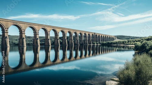 Roman aqueduct's reservoir clear water reflecting lush vegetation