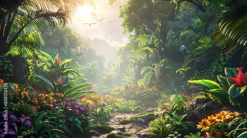 Lush jungle ecosystem animated in vivid detail, teeming with life and adventure, immersive and wild