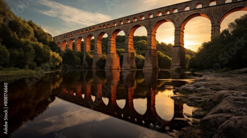 Roman aqueduct's majestic reflection in river showcases beauty