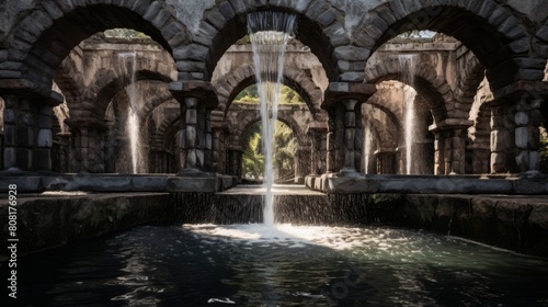 Roman aqueduct's water cascades down fountain creating soothing sound