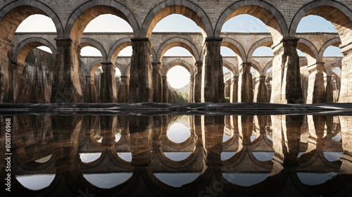 Roman aqueduct's towering arches mirrored in clear pond