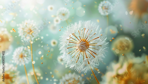 Allergy: A close-up of a dandelion with seeds about to disperse in the air, surrounded by other dandelions in a dreamy, bokeh-lit background.
