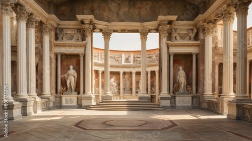 Frescoes and marble statues decorate interior of ancient Roman temple