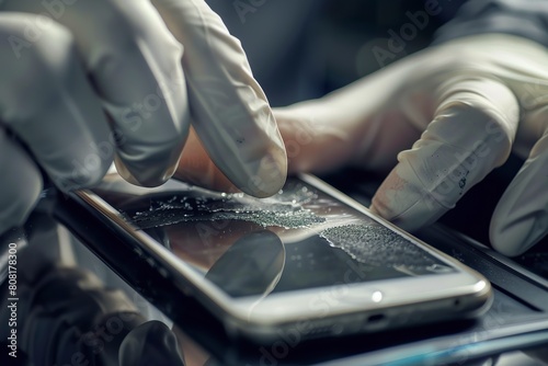 Close-up of a technician examining or repairing a smartphone. Technician's hand repairing a faulty smartphone.