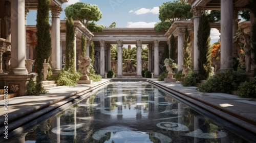 Serene Roman temple courtyard with reflecting pool and lush gardens