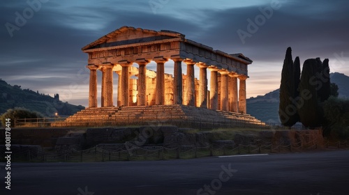 Roman temple's twilight ambiance with flickering torches