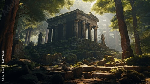 Roman temple nestled in forest sunlight filtering onto ancient stones