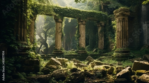 Temple ruins overtaken by nature ivy-covered columns and fallen stones