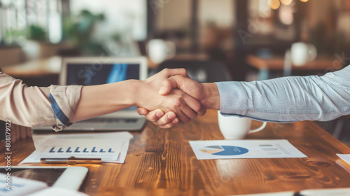 Close-up of two colleagues shaking hands in office. Concluding deal, working together. Two men after a discussion shake hands across a wooden table on light background in office. Business concept.