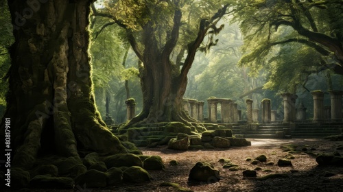 Sacred woodland near Roman temple providing worshippers with peace among old trees