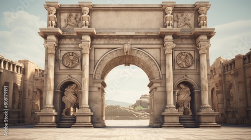 Stately entrance of Roman temple decorated with triumphal arch marking historical victory
