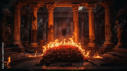 Inextinguishable fire adorns altar of Roman temple embodying sacred flame