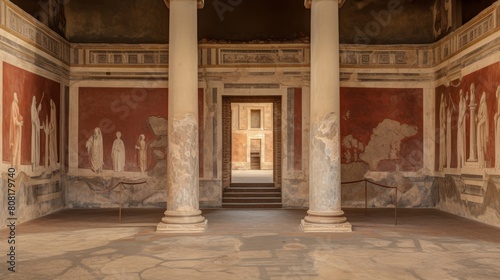 Exterior of Roman temple embellished with frescoes illustrating historical scenes