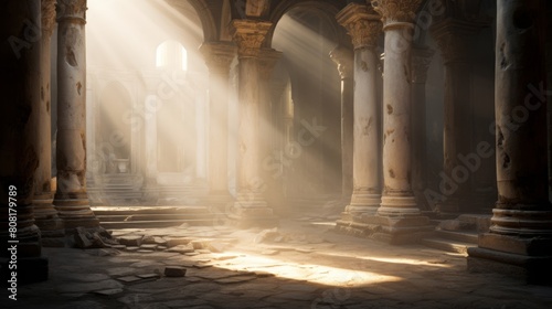 Inner sanctum of Roman temple bathed in soft ethereal glow exuding tranquility