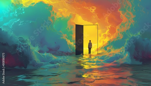 A dreamlike representation of a figure standing in an open doorway amongst vibrant, fiery waves, symbolizing possibility