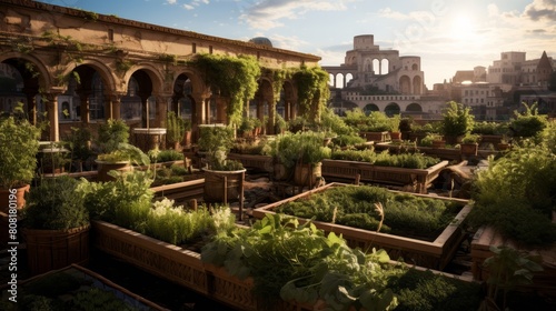 Rooftop garden of a Roman temple cultivating rare herbs