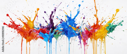  A multicolored paint splashes background. Colorful paint splashes on white background Abstract colorful background Liquid paint
