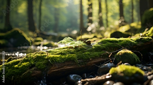 Moss covered log in forest with sunlight shining through