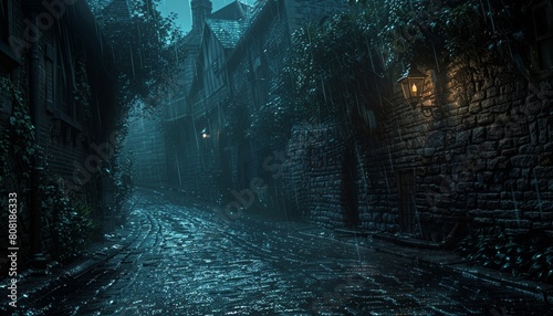 A dark alleyway with a wet cobblestone path by AI generated image