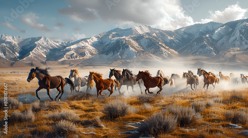 Herd of horses galloping n the wild horses wild horses running in a mountain landscape, Generative Ai 
