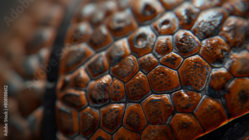 Close-up of a reptile's textured, brown and orange patterned skin, highlighting its natural armor-like scales in detailed macro photography.