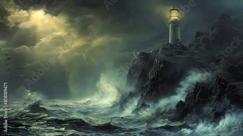 At the edge of a rugged cliff, a solitary lighthouse stands sentinel against the crashing waves below. Its beacon cuts through the darkness, casting a guiding light over the stormy seas