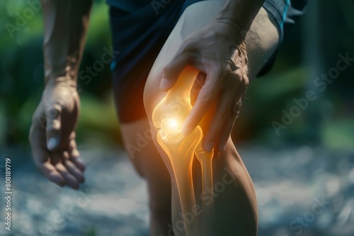 Elderly or Senior man hands hold on his knee or suffering from pain in knee while exercise at backyard. Injury, Knee pain