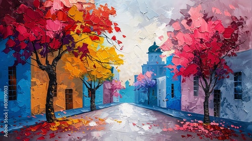A colorful painting of a town square with a church in the background