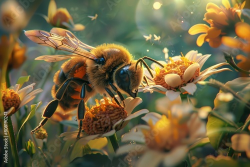 Amazing of a keystone pollinator, featuring a bee as a tiny engineer repairing flowers, with something on hand, set in a lush garden, Sharpen banner cinematic with copy space