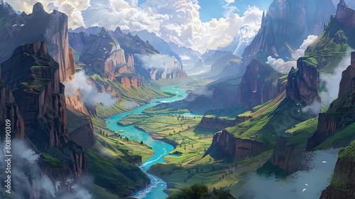 A winding river cuts through a rugged canyon, its turquoise waters carving a path through the rocky landscape. Towering cliffs rise on either side,
