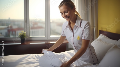 Professional chambermaid in uniform expertly making the bed in a luxurious hotel room