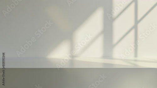3D studio room with a podium on a white background. Empty floor and wall with shadow overlay from window onto tabletop. Stand with sunlight for product presentation. Interior mockup with countertop.