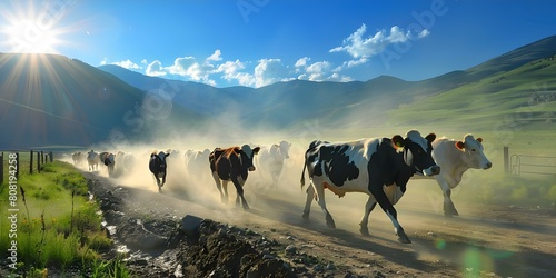 Cattle herd running on a dirt road with mountains in the background under the shining sun. Concept Cattle, Herd, Dirt Road, Mountains, Sun