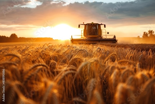 Seasonal wheat harvest by combine, concept of agricultural business, eco products 